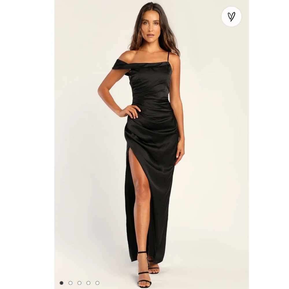 Lush Love Black Satin Asymmetrical Off-the-Shoulder Dress